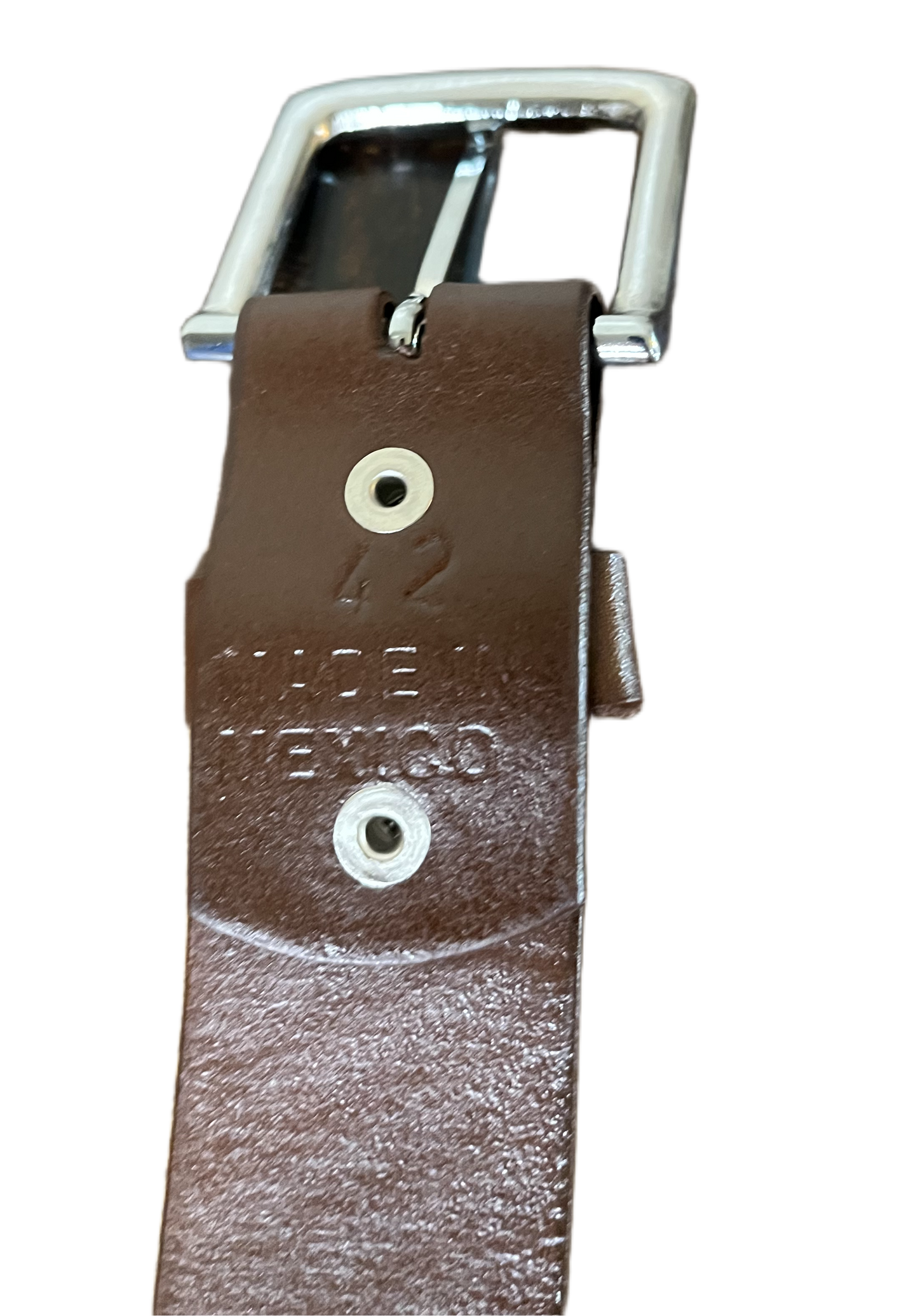 Brown leather belt with silver buckle on a white background