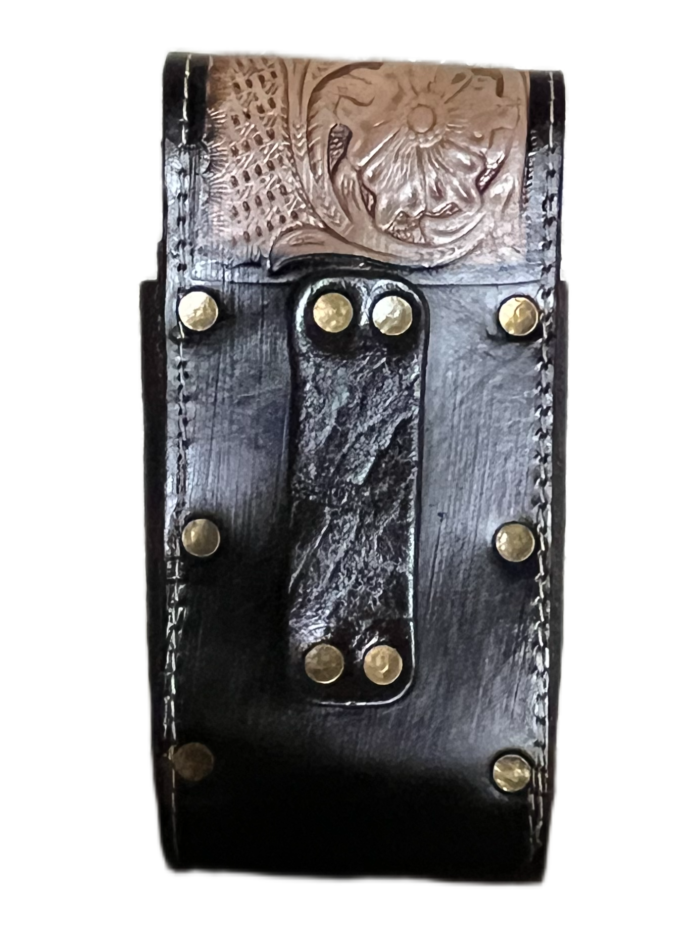 Black leather wallet with metal accents on a white background