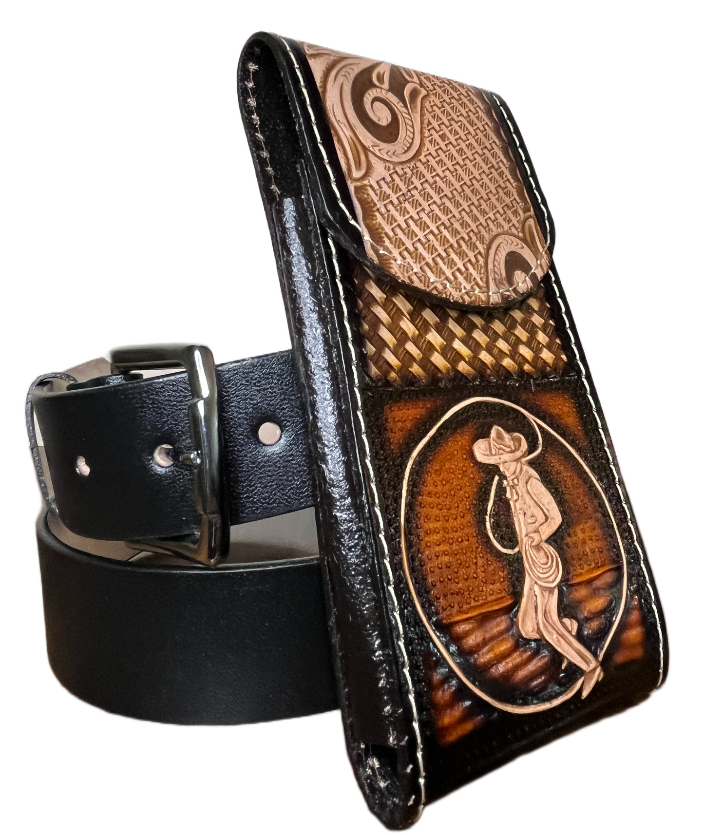 Decorative leather belt with intricate patterns on a black background