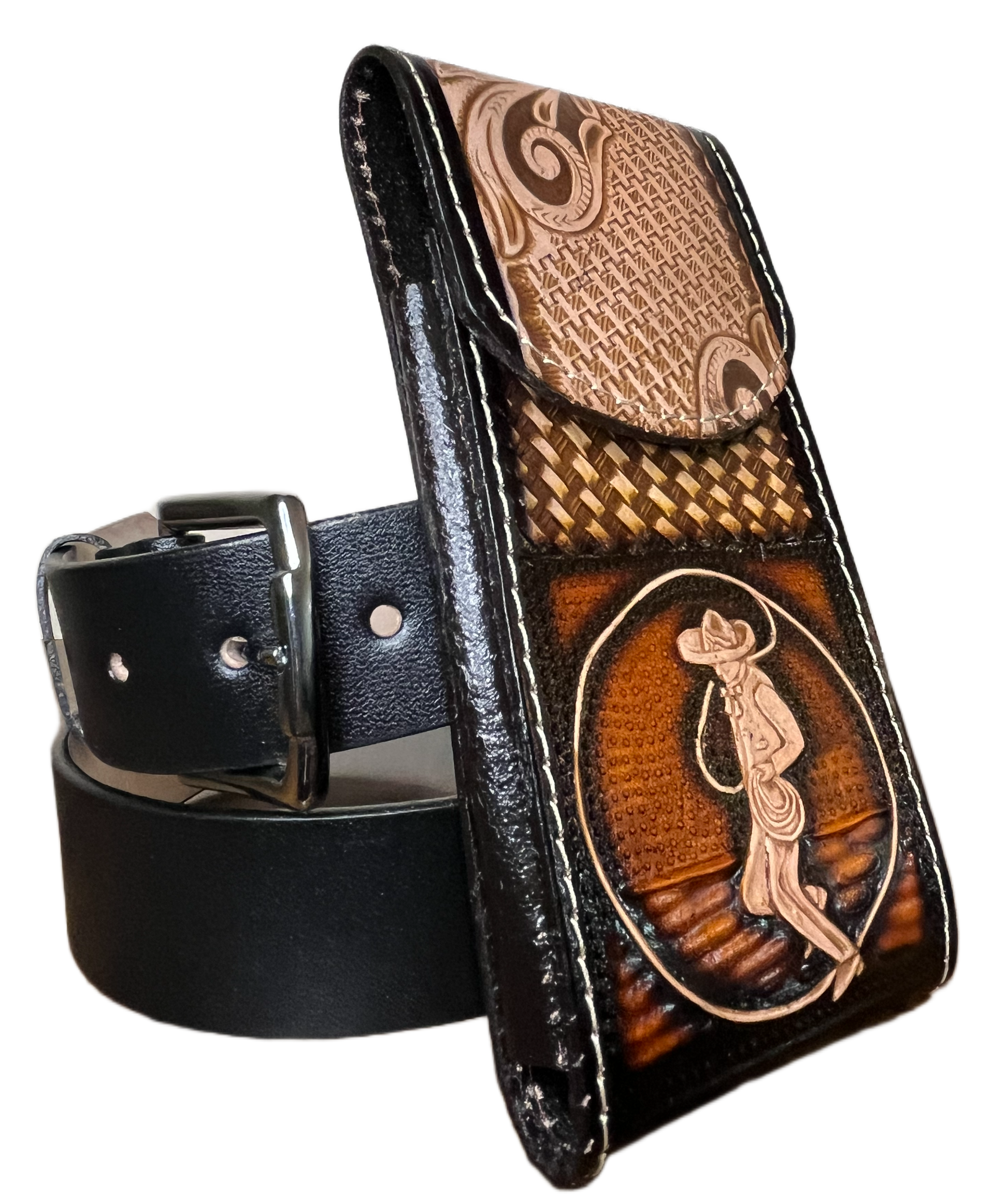 Decorative leather belt with intricate patterns on a black background