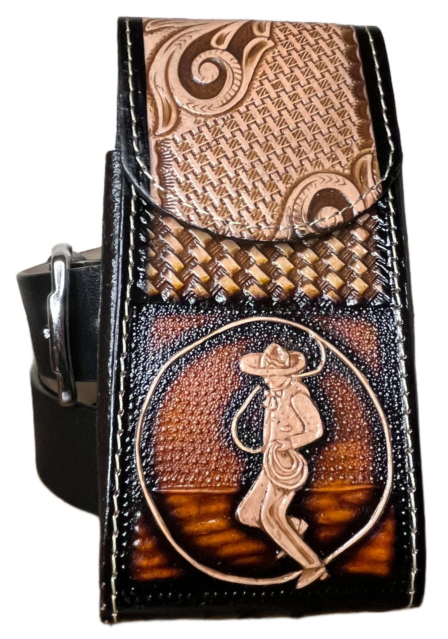 Decorative leather belt buckle with intricate designs on a black background