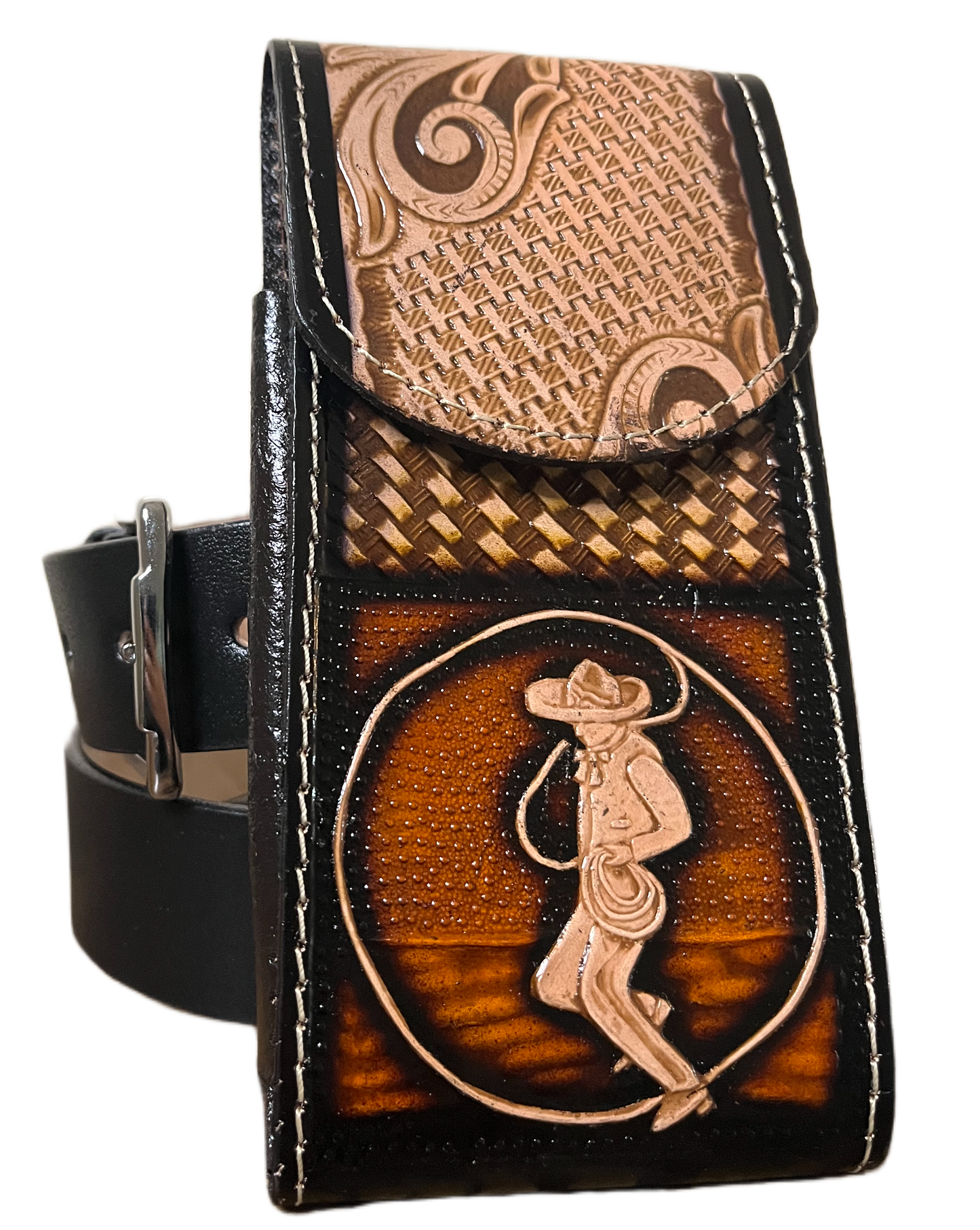 Leather wallet with embossed designs on a black background