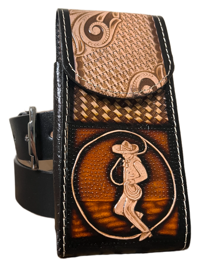 Leather wallet with embossed designs on a black background