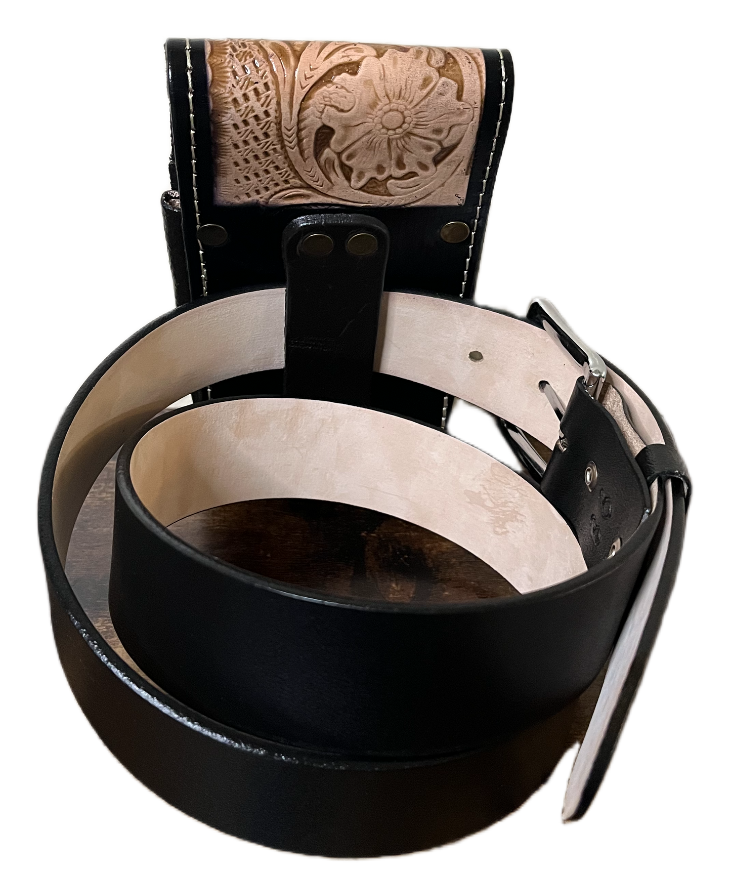 Black leather belt with decorative buckle on a white background
