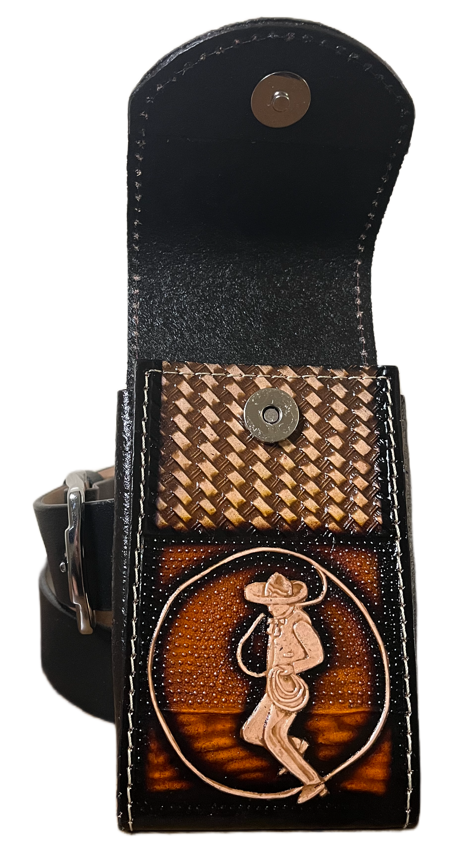 Black leather belt with decorative buckle on a white background