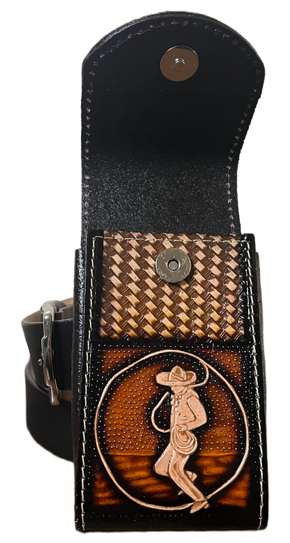 Black leather belt with decorative buckle on a white background