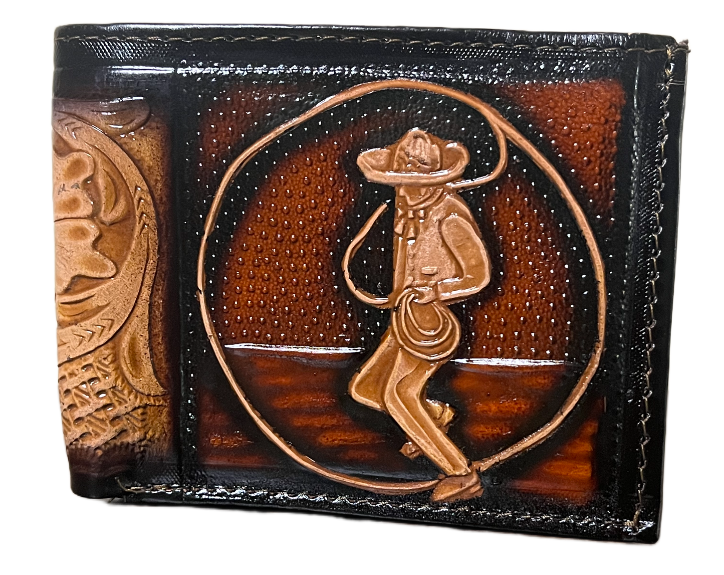 Brown leather wallet with embossed design on a black background