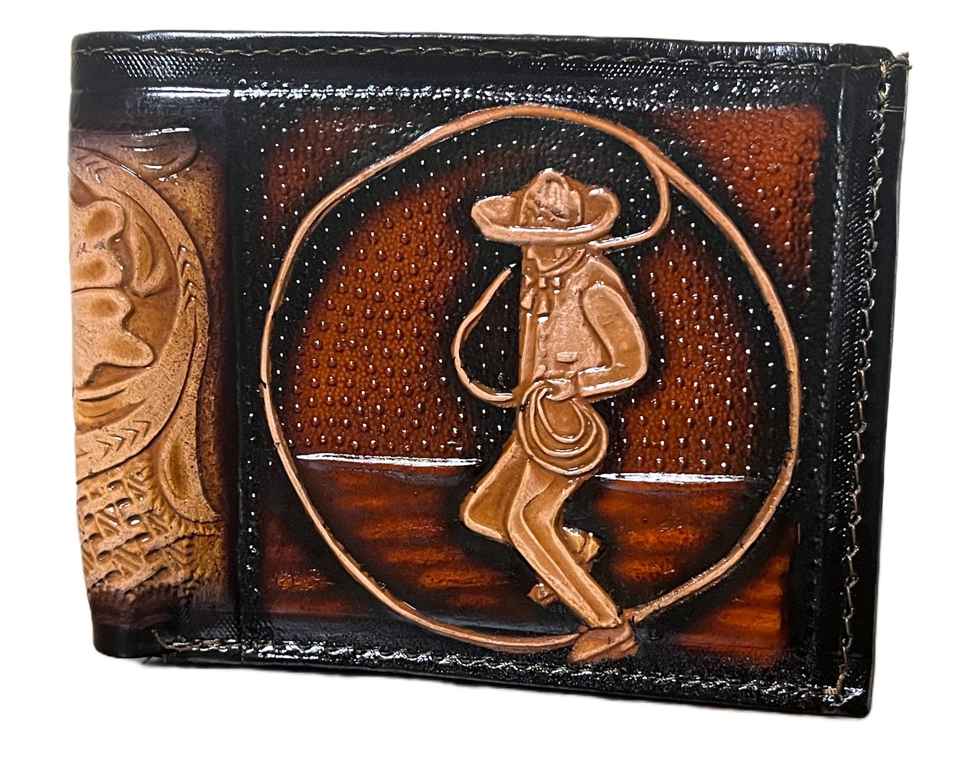 Brown leather wallet with embossed design on a black background