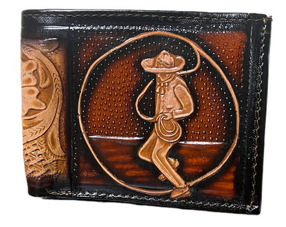 Brown leather wallet with embossed design on a black background