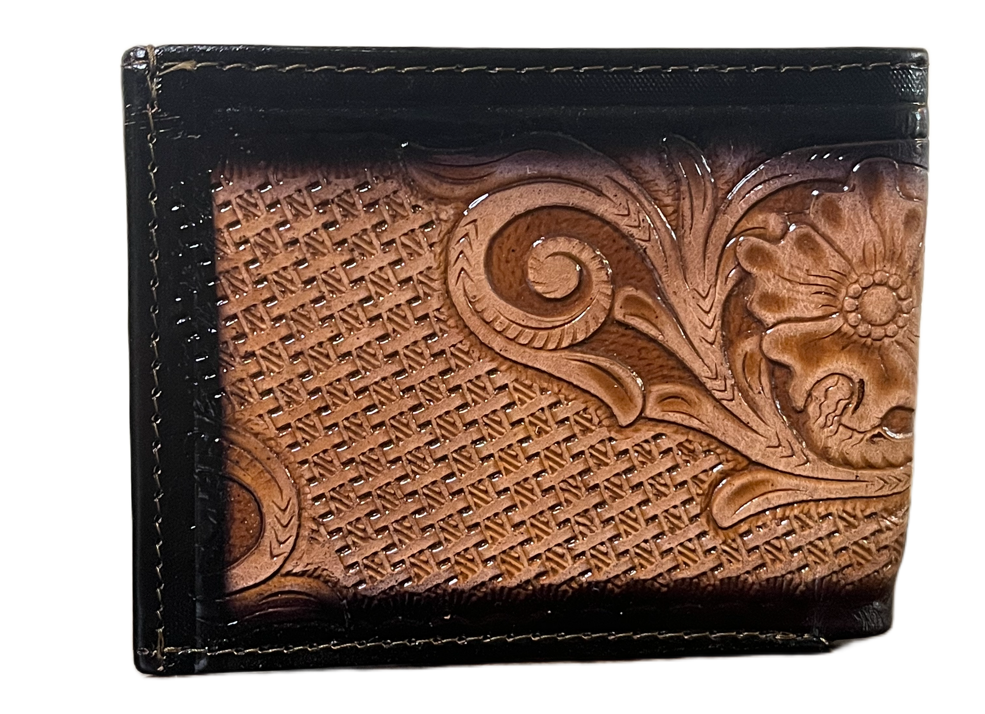 Brown leather wallet with intricate patterns on a clear background