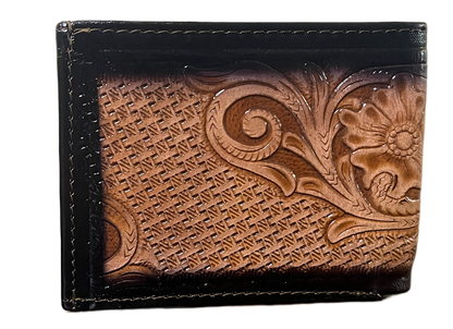 Brown leather wallet with intricate patterns on a clear background