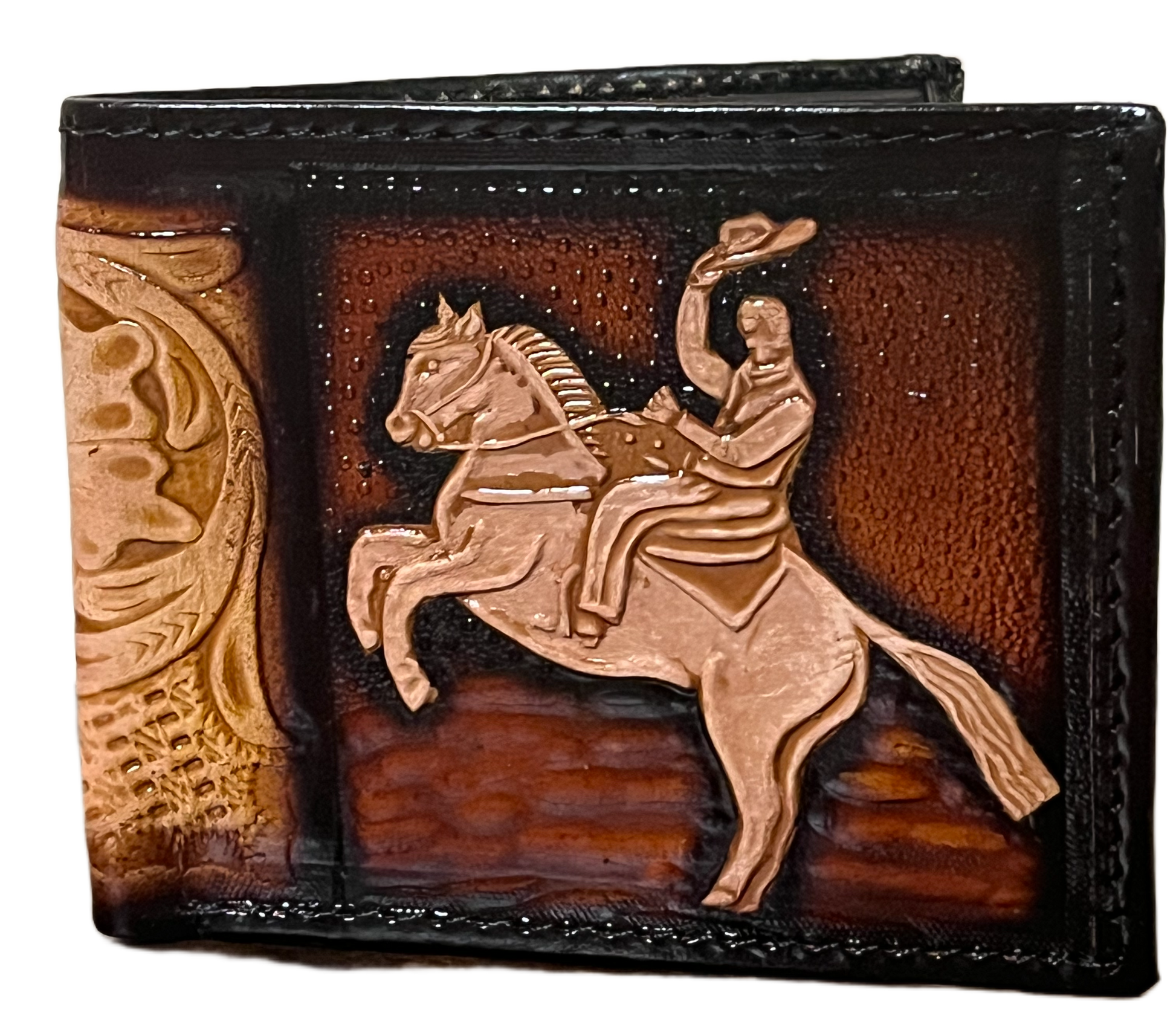 Decorative leather wallet with a horse and rider design on a brown background