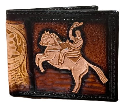 Decorative leather wallet with a horse and rider design on a brown background