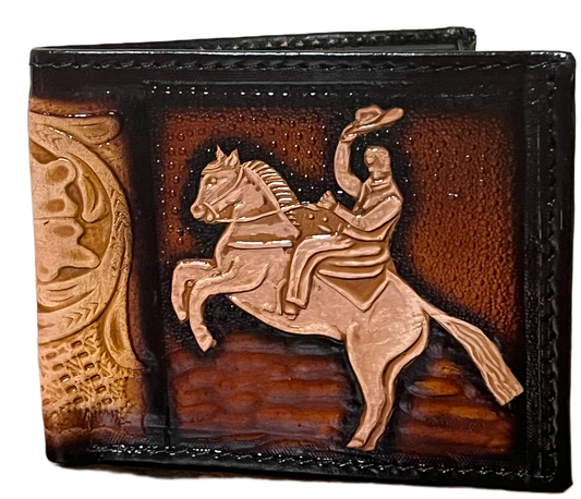 Decorative leather wallet with a horse and rider design on a brown background