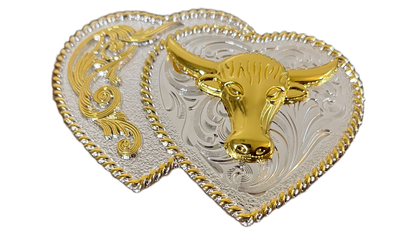 Decorative belt buckle with gold and silver design on a white background