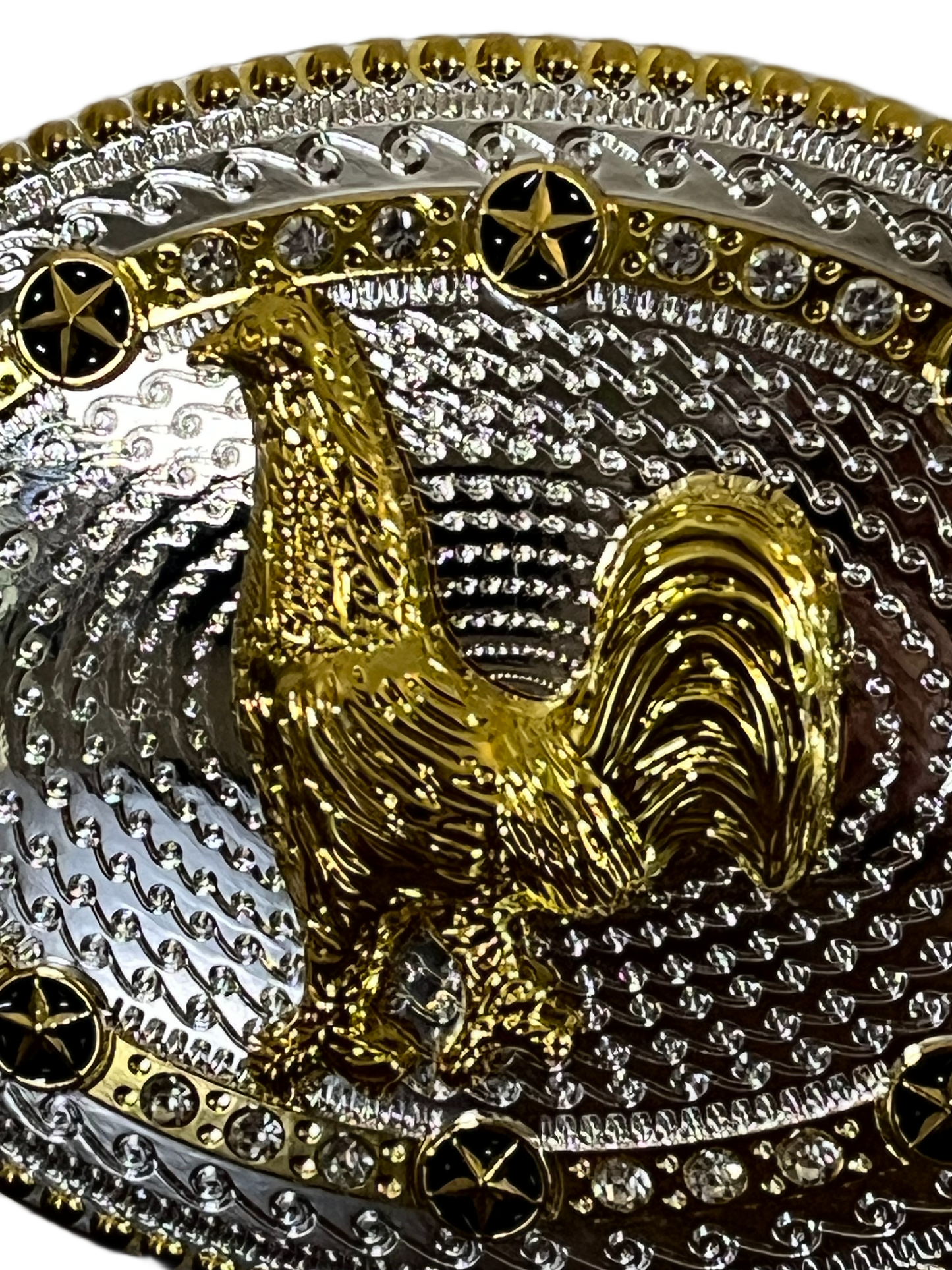 Decorative belt buckle with gold and silver design featuring a central emblem.