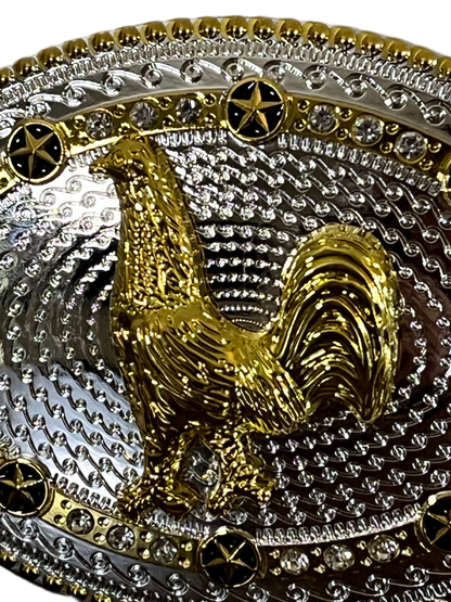 Decorative belt buckle with gold and silver design featuring a central emblem.