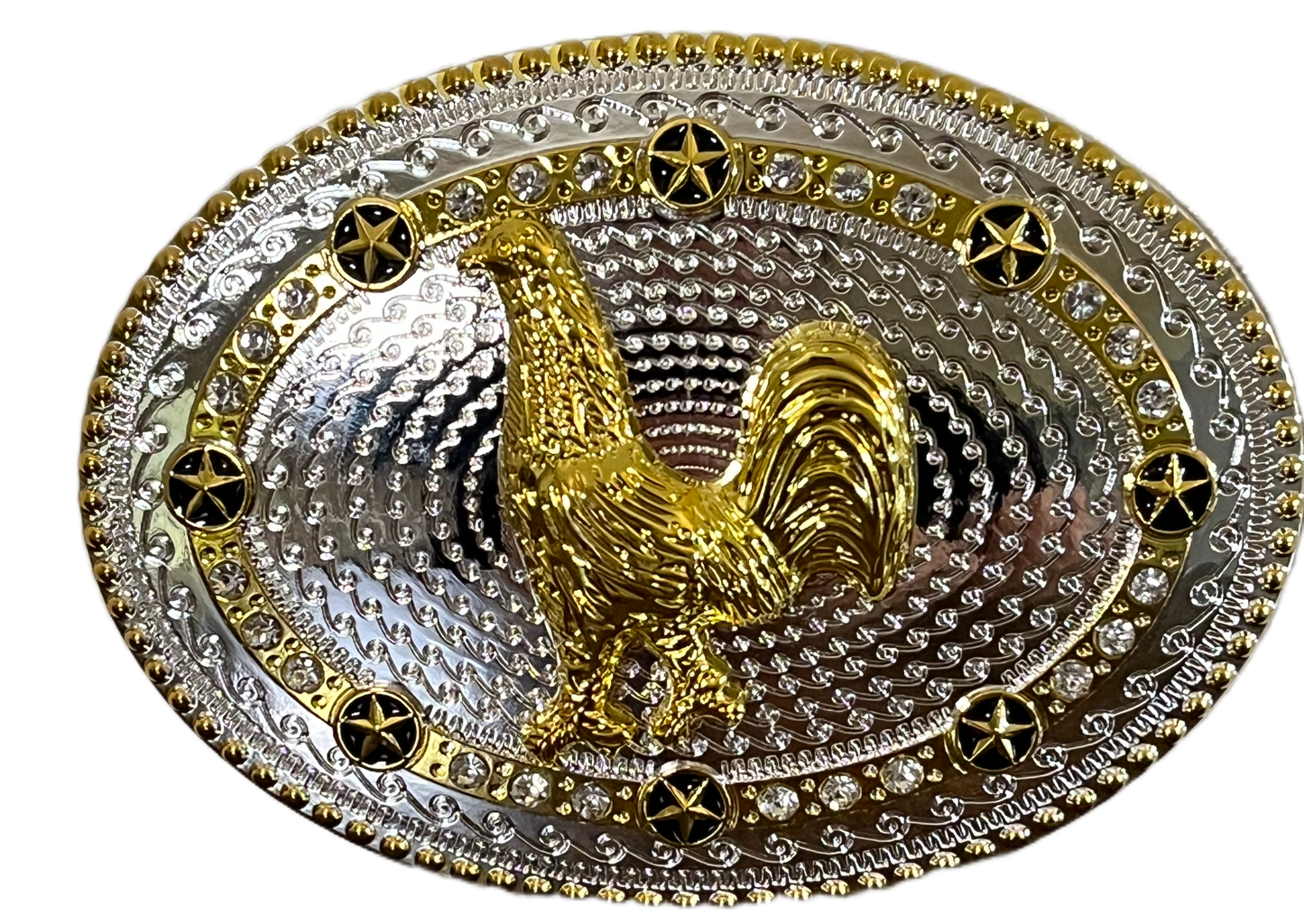 Decorative belt buckle with gold and silver design on a black background
