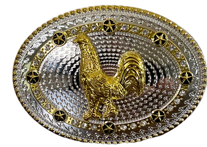 Decorative belt buckle with gold and silver design on a black background
