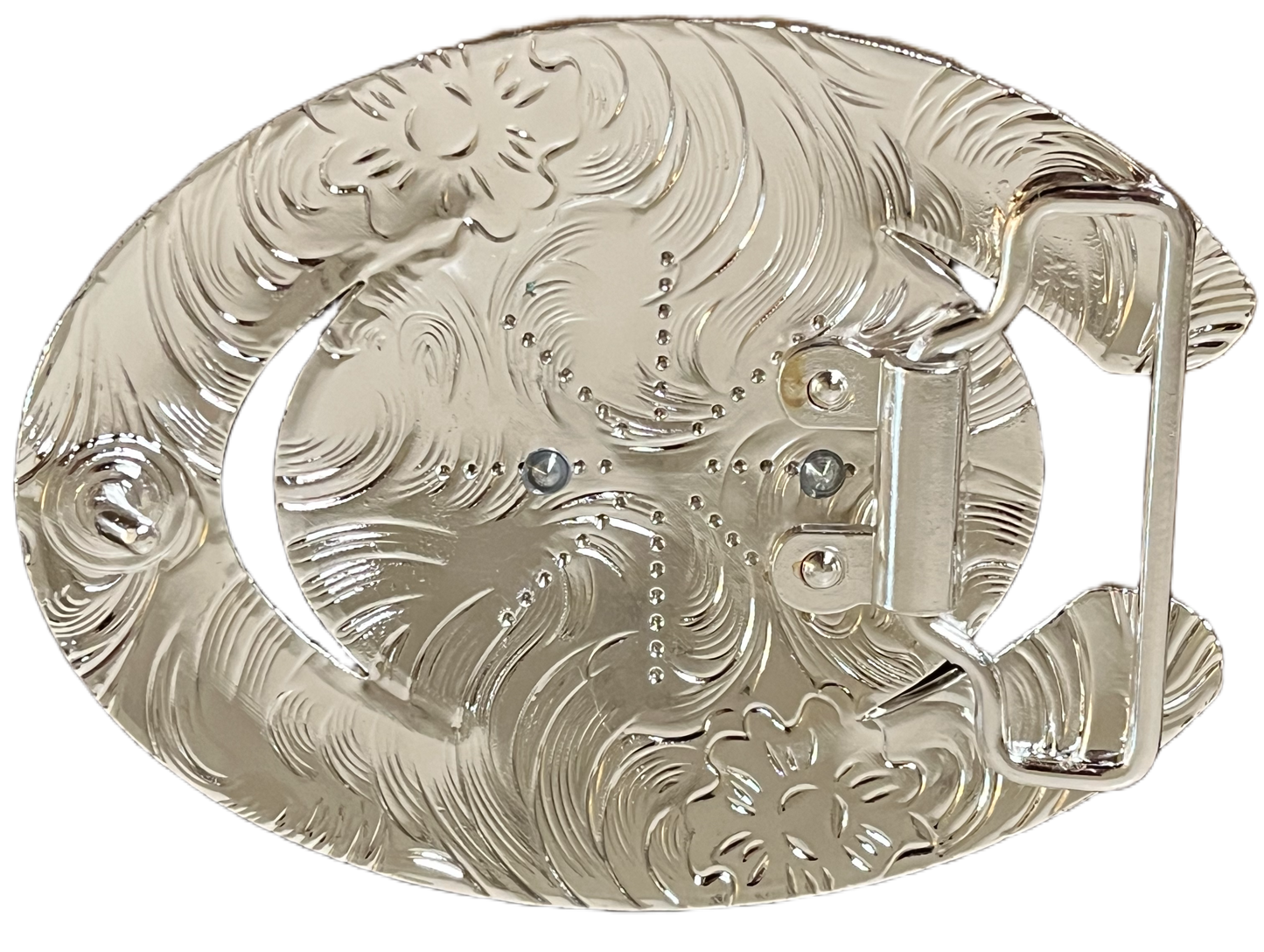 Decorative metal object with intricate patterns on a white background