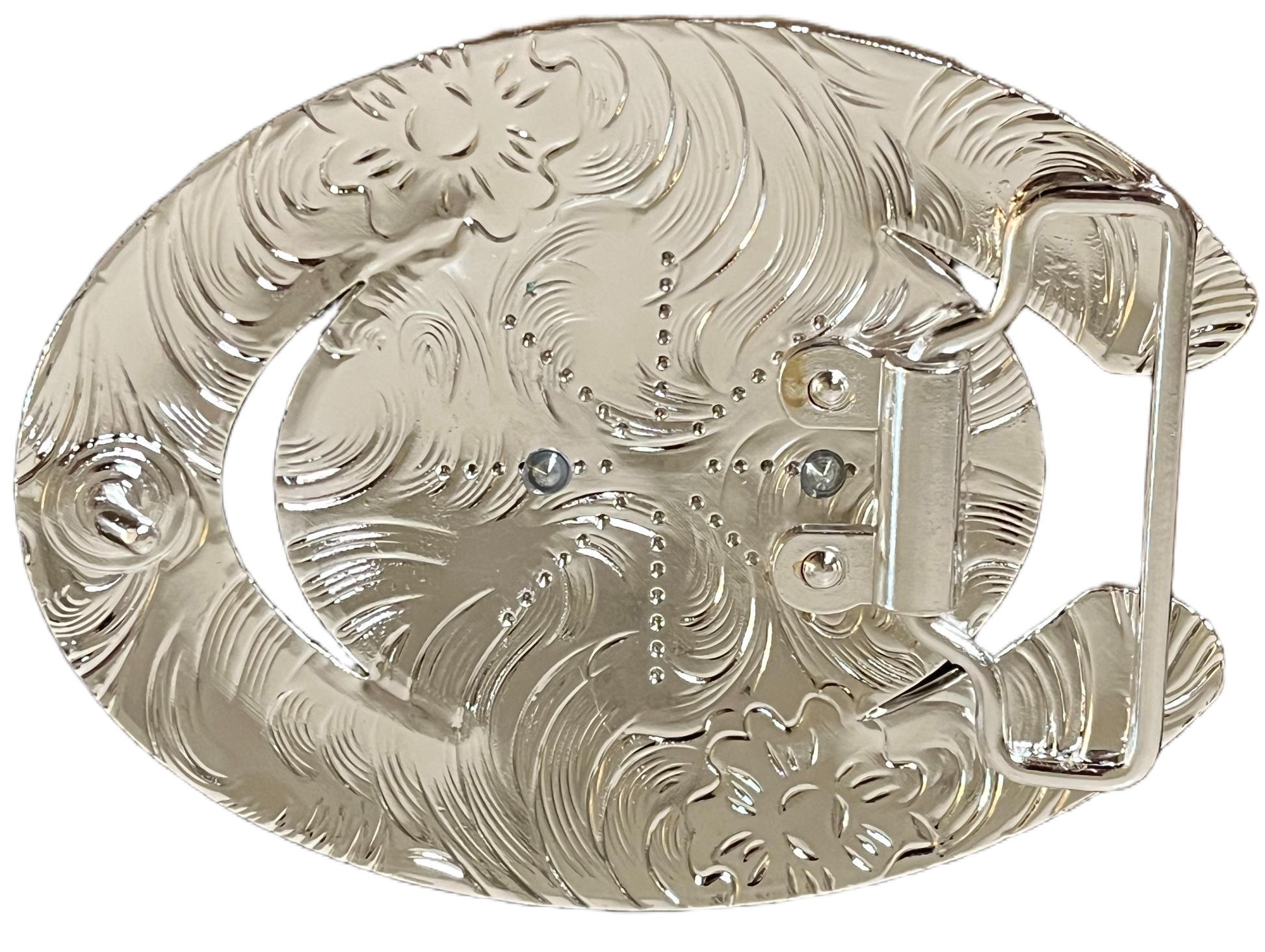 Decorative metal object with intricate patterns on a white background