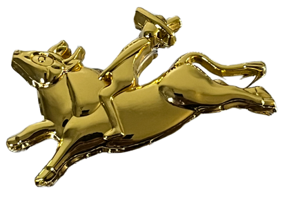 Gold emblem with a  bull rider design on a white background