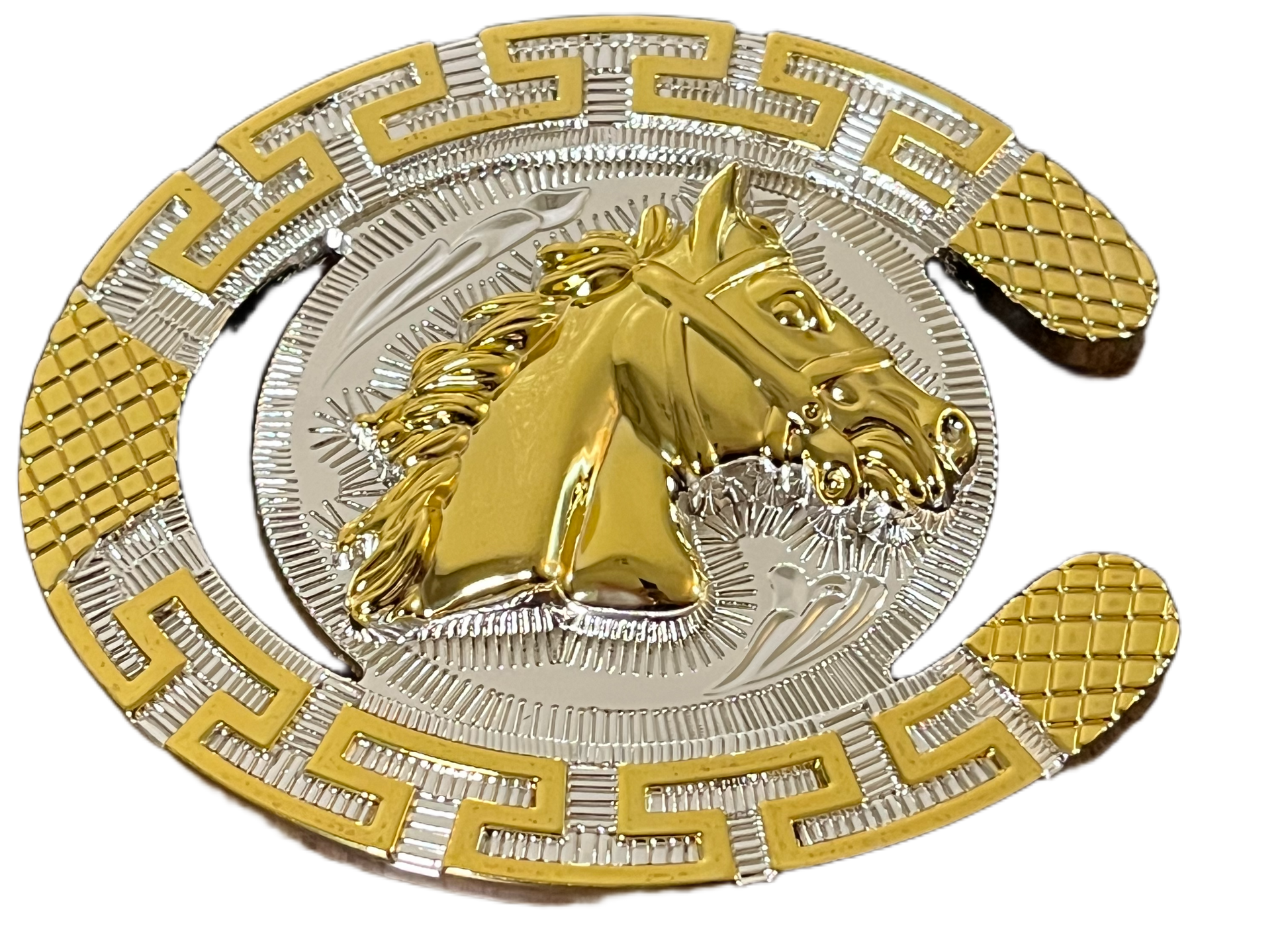 Gold and silver horse shoe with a horse head emblem on a white background