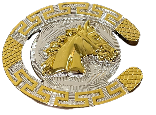 Gold and silver horse shoe with a horse head emblem on a white background