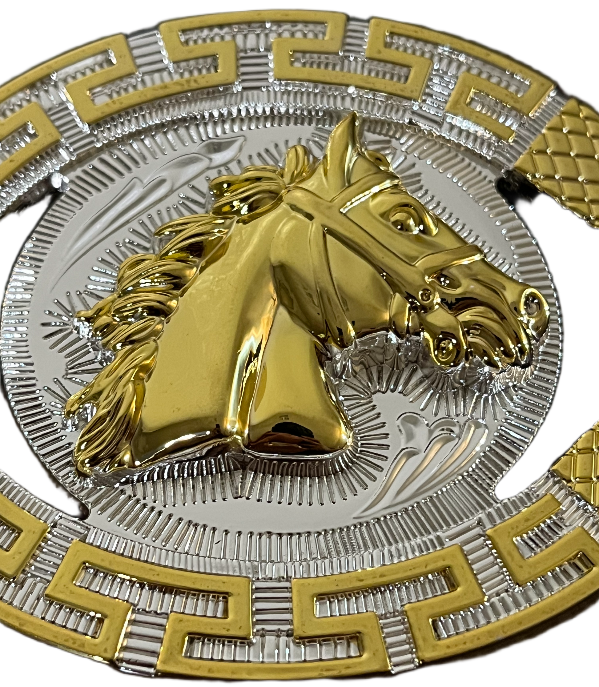 Gold and silver medallion with a horse head design on a black background