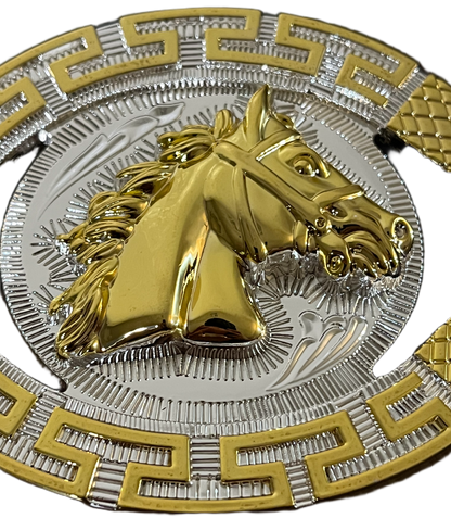 Gold and silver medallion with a horse head design on a black background