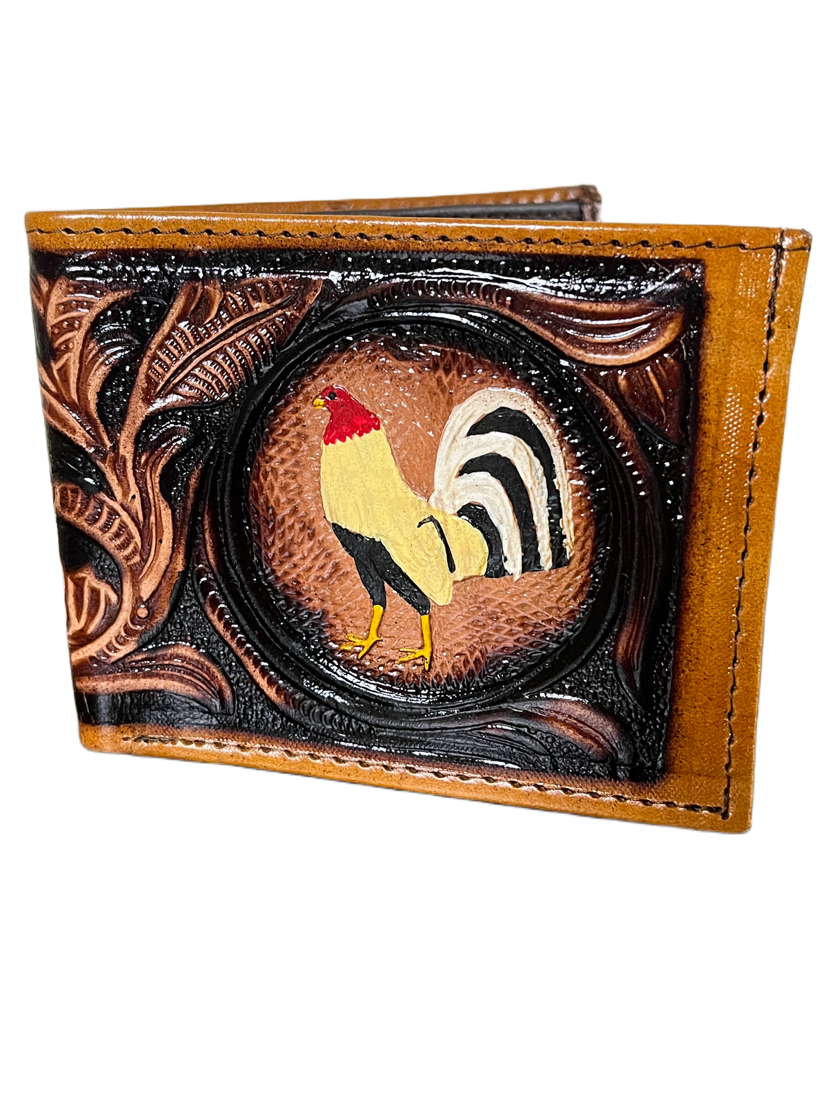 Brown leather wallet with embossed design featuring a rooster on a white background
