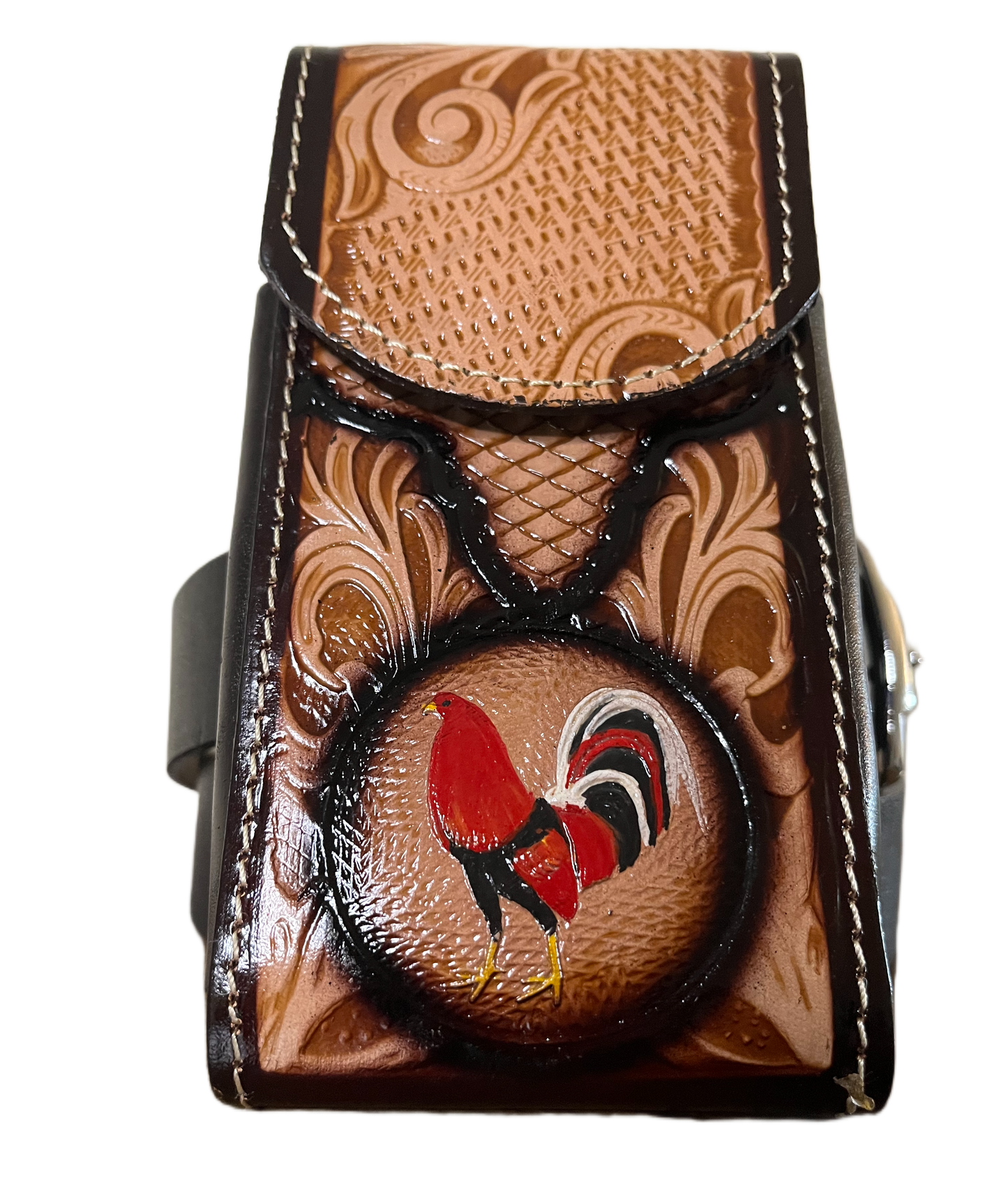 Decorative leather belt buckle with intricate patterns and a central design of a bird.