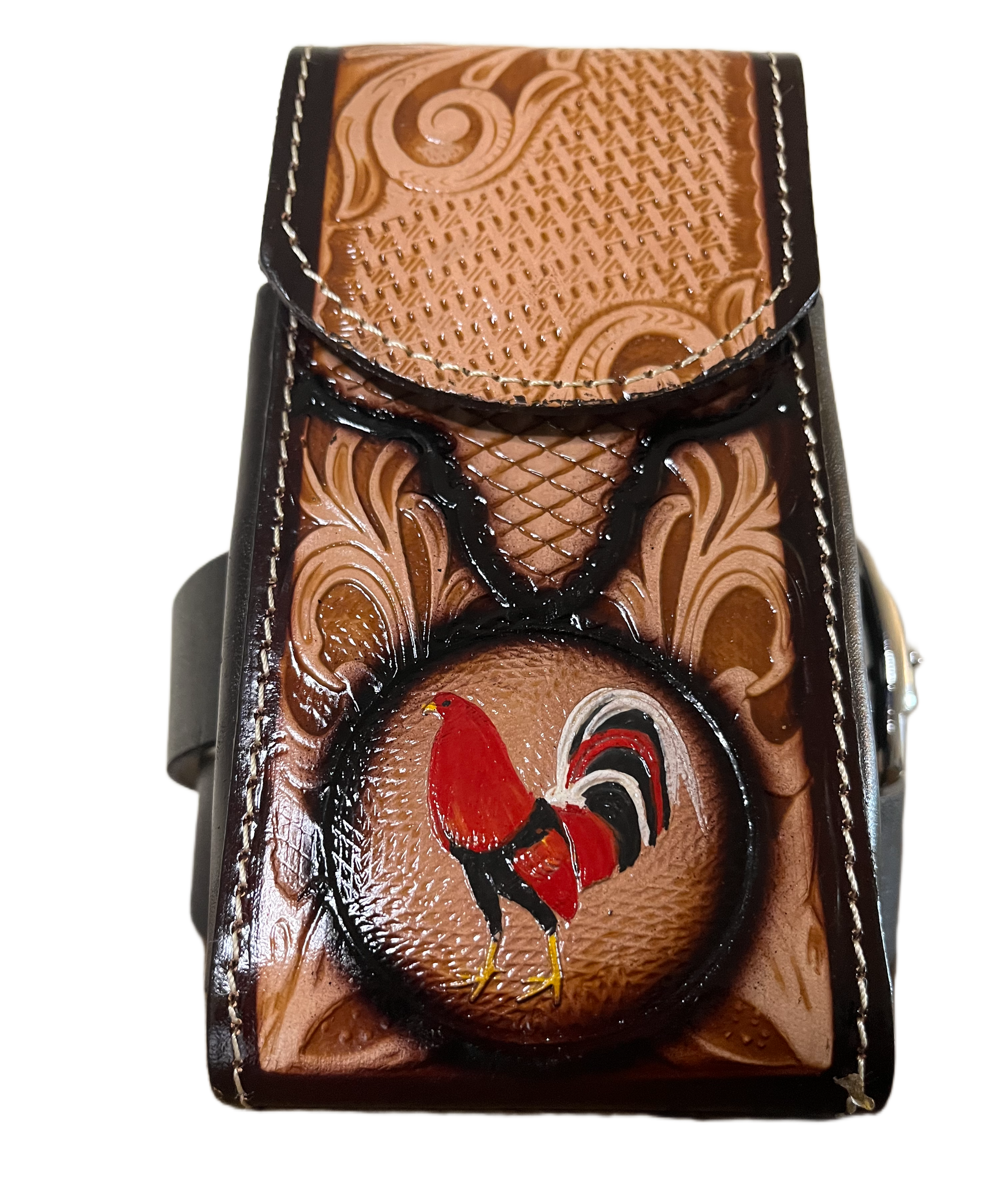 Decorative leather belt buckle with intricate patterns and a central design of a bird.