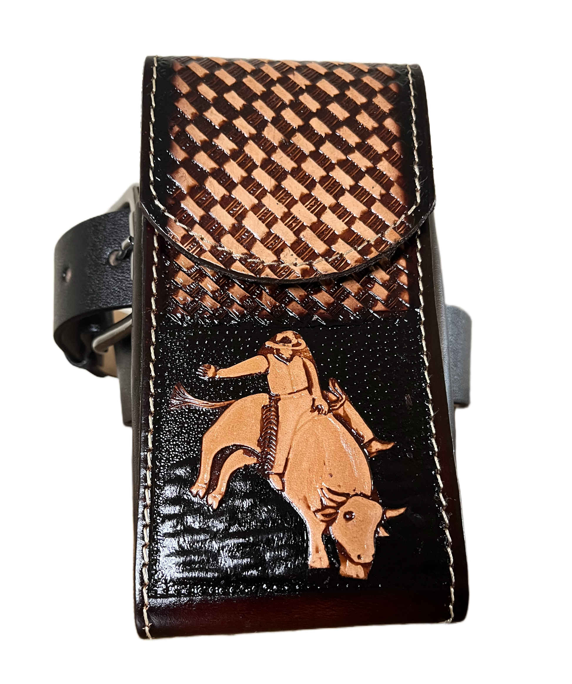Leather phone case with checkered pattern and horse design on a black background