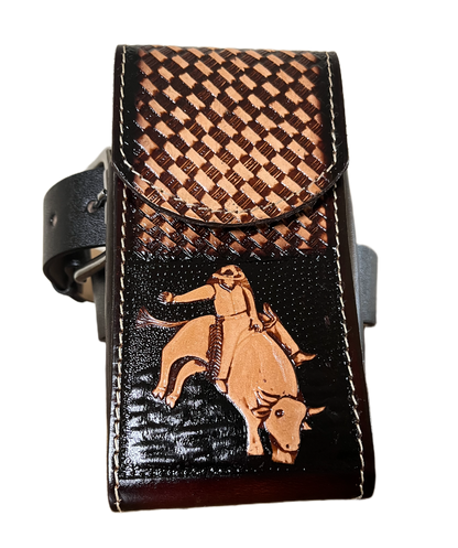 Leather phone case with checkered pattern and horse design on a black background