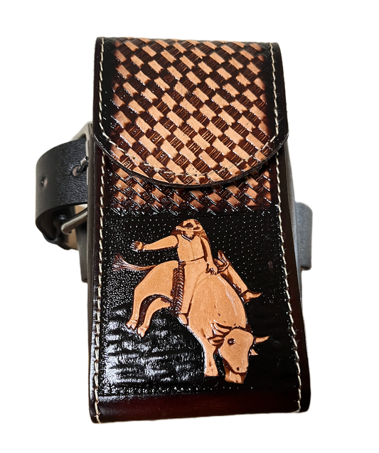 Leather phone case with checkered pattern and horse design on a black background