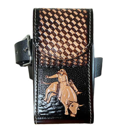 Designer phonecase with checkered flap and horse embossing on a clear background