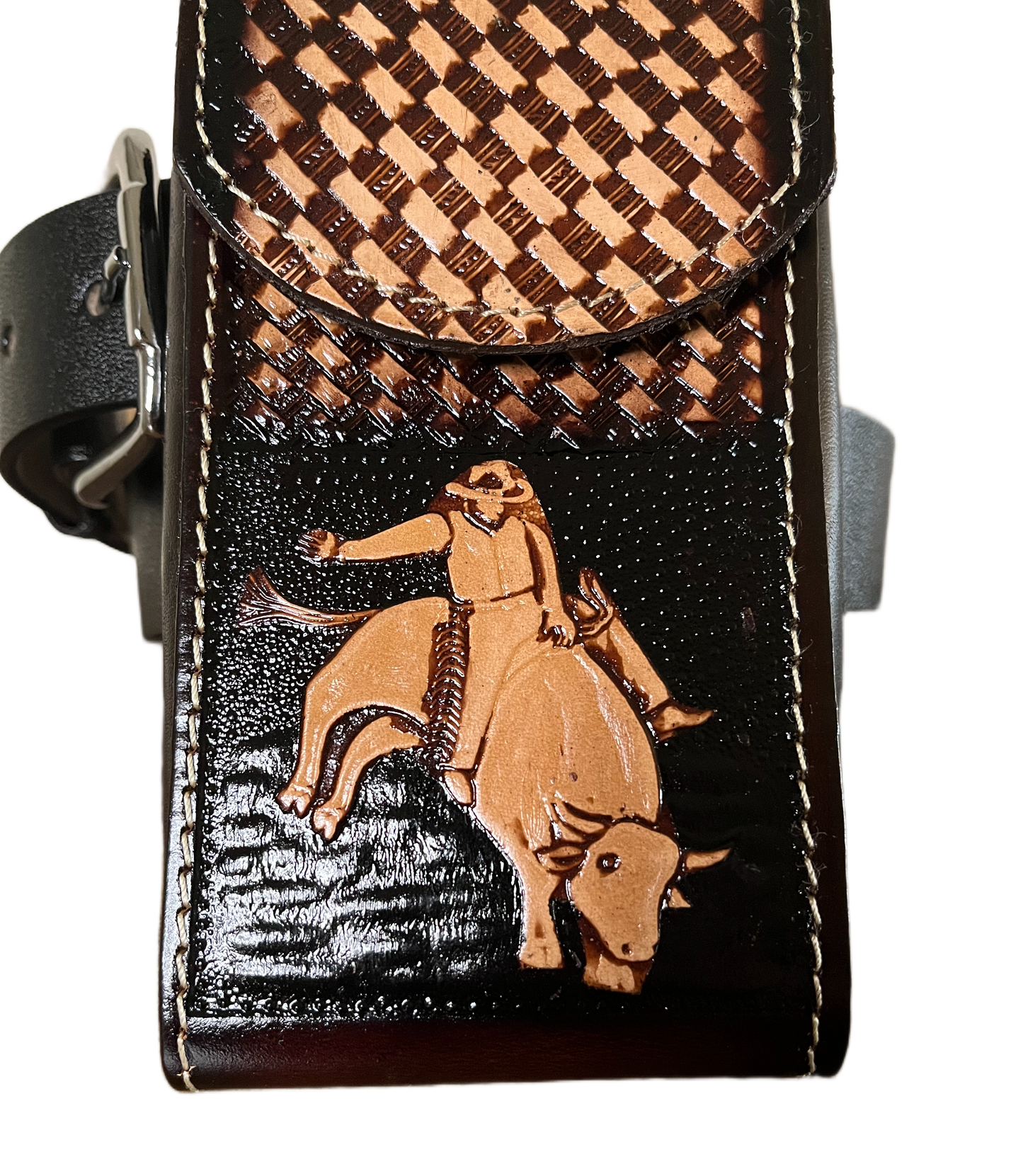 Belt with woven pattern and bull design on a black background