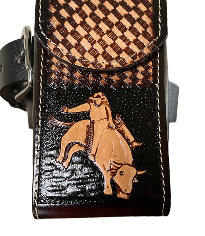 Belt with woven pattern and bull design on a black background