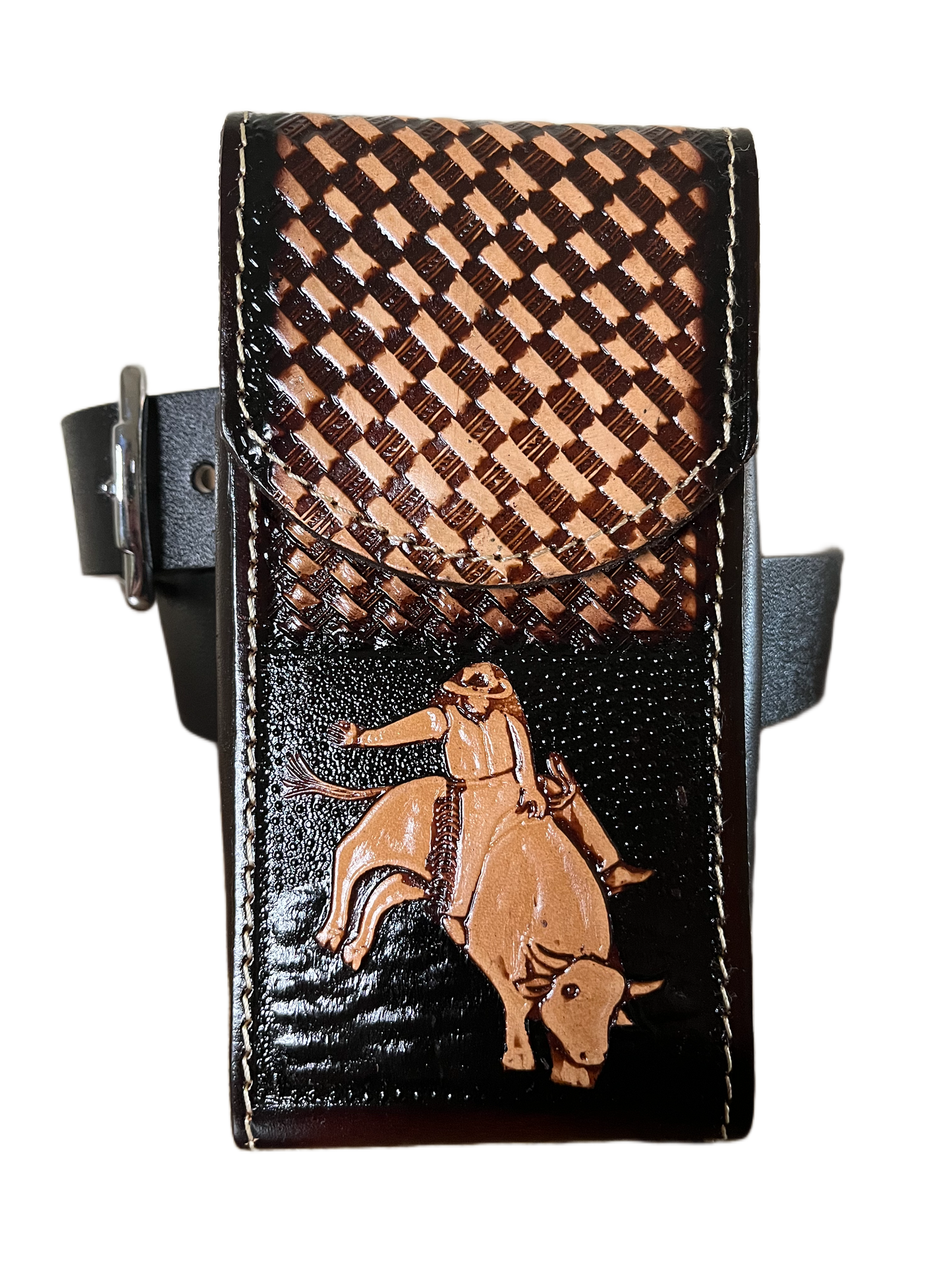 Designer handbag with checkered pattern and horse and carriage design on a clear background