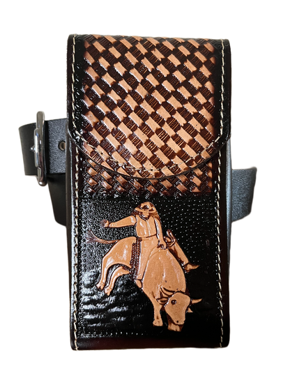 Designer handbag with checkered pattern and horse and carriage design on a clear background