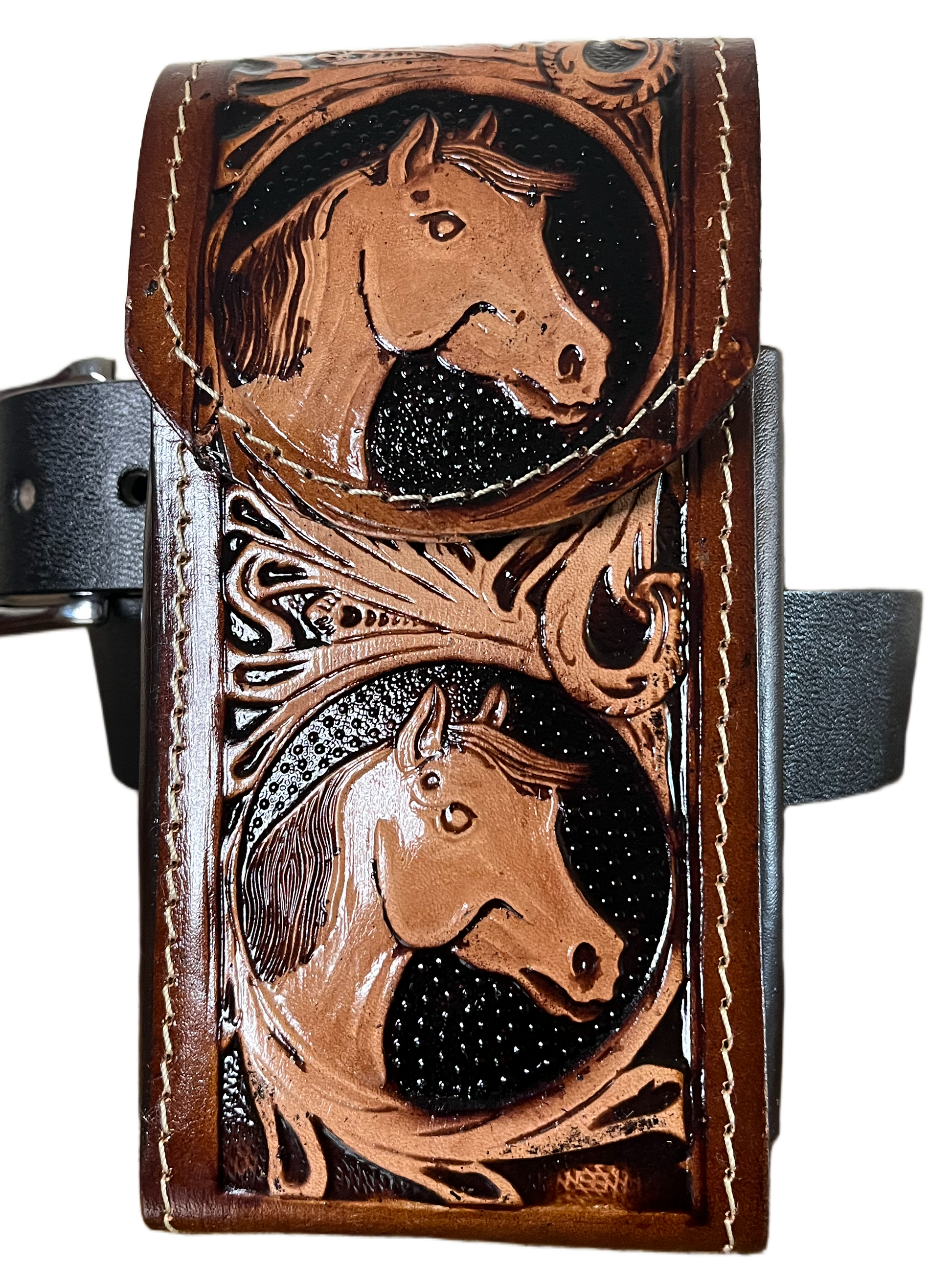 Brown leather wallet with horse embossing on a black background