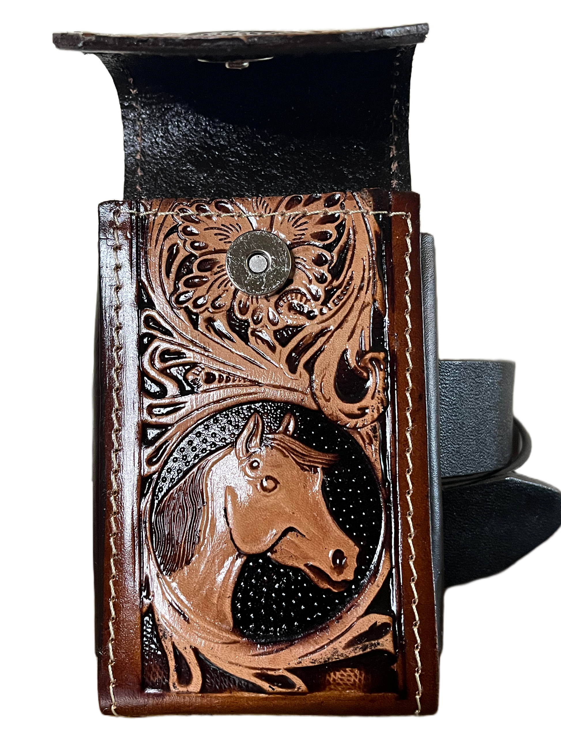 Handcrafted leather wallet with intricate designs and a fox illustration on a white background