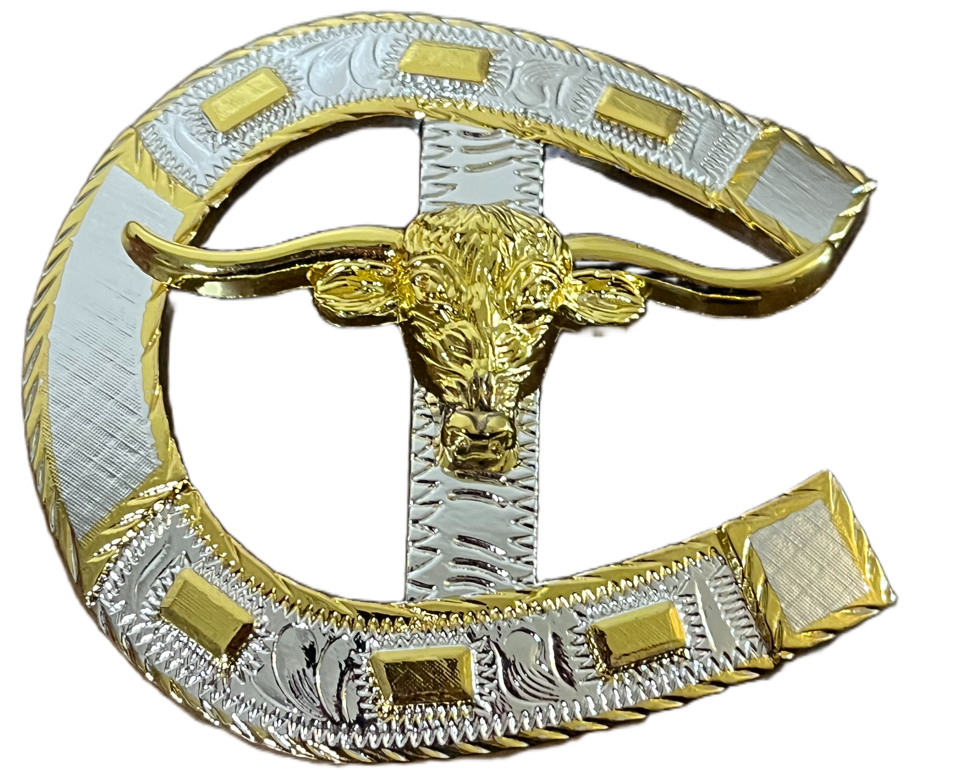 Decorative horseshoe with gold and silver longhorn design on a black background