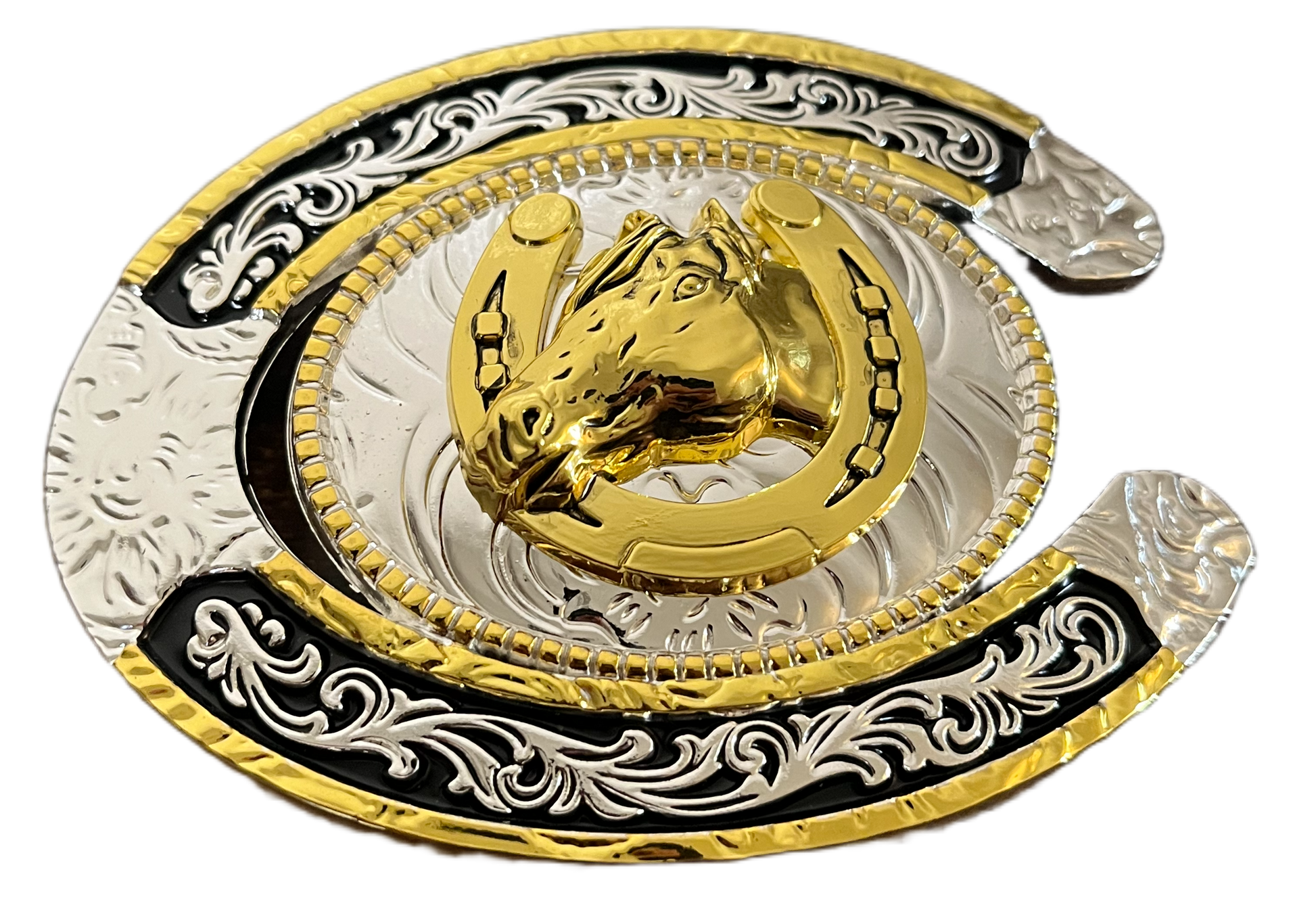 Decorative horseshoe with gold and silver design on a black background