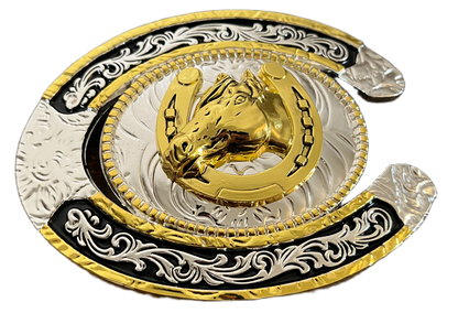 Decorative horseshoe with gold and silver design on a black background