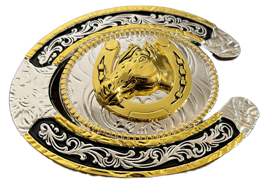 Decorative horseshoe with gold and silver design on a black background
