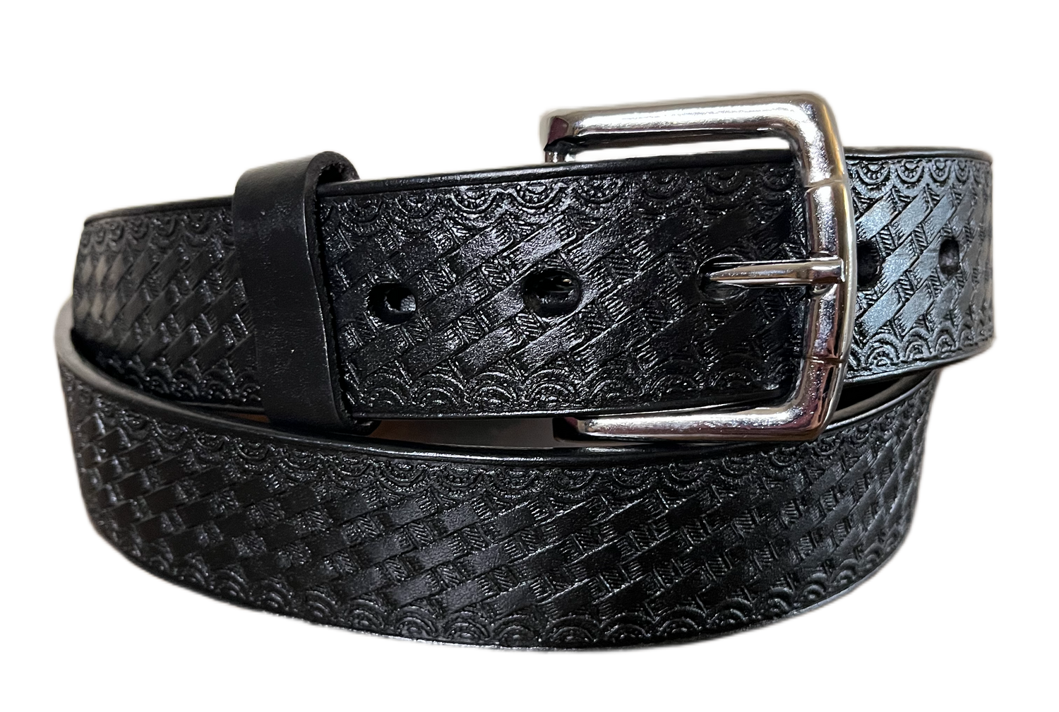 Black textured belt with silver buckle on a white background