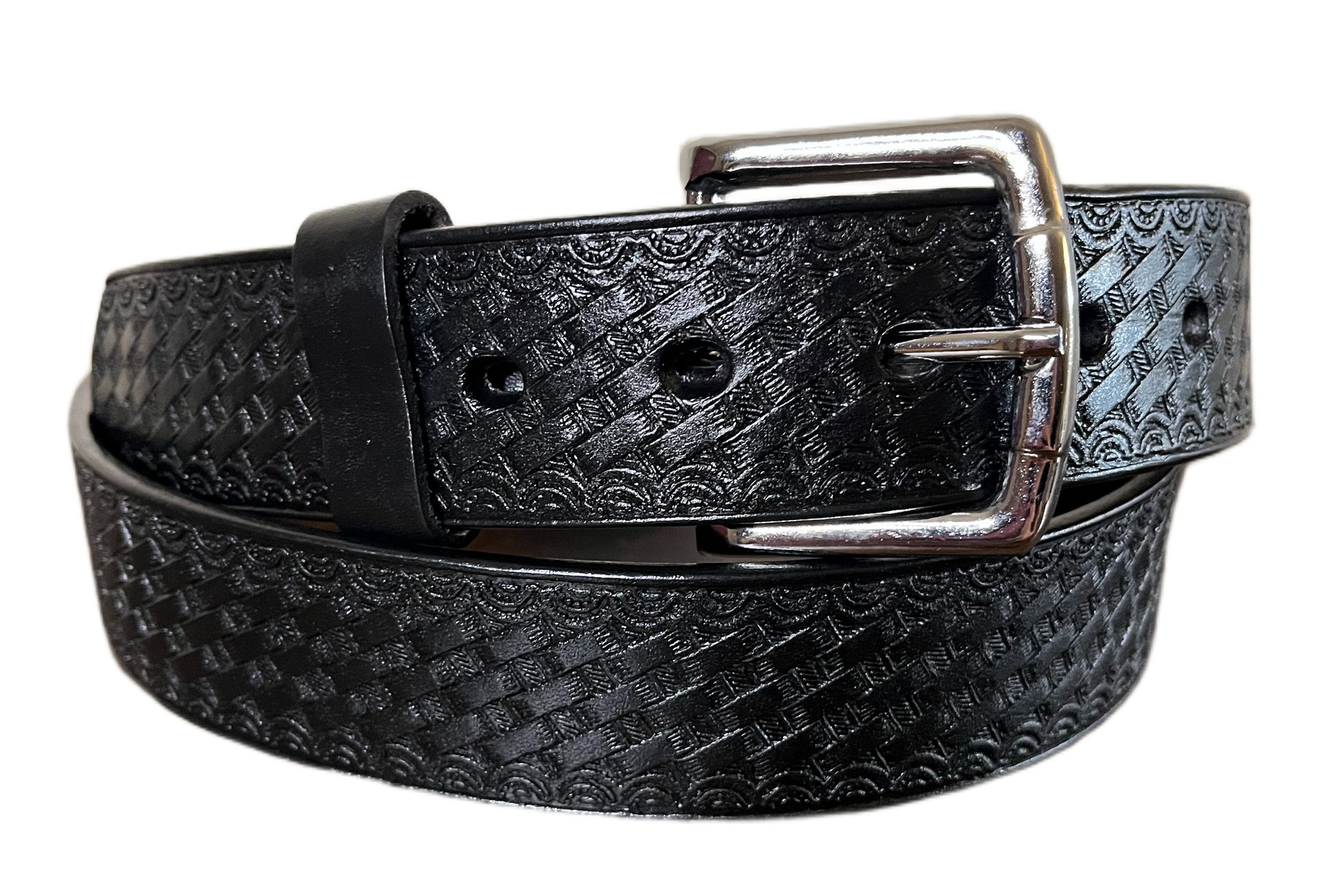 Black textured belt with silver buckle on a white background