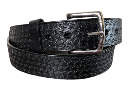 Black textured belt with silver buckle on a white background